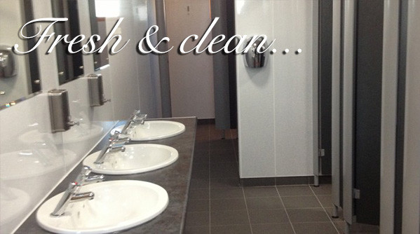 Toilet facilities and sinks at Silverdyke Park with text saying fresh and clean